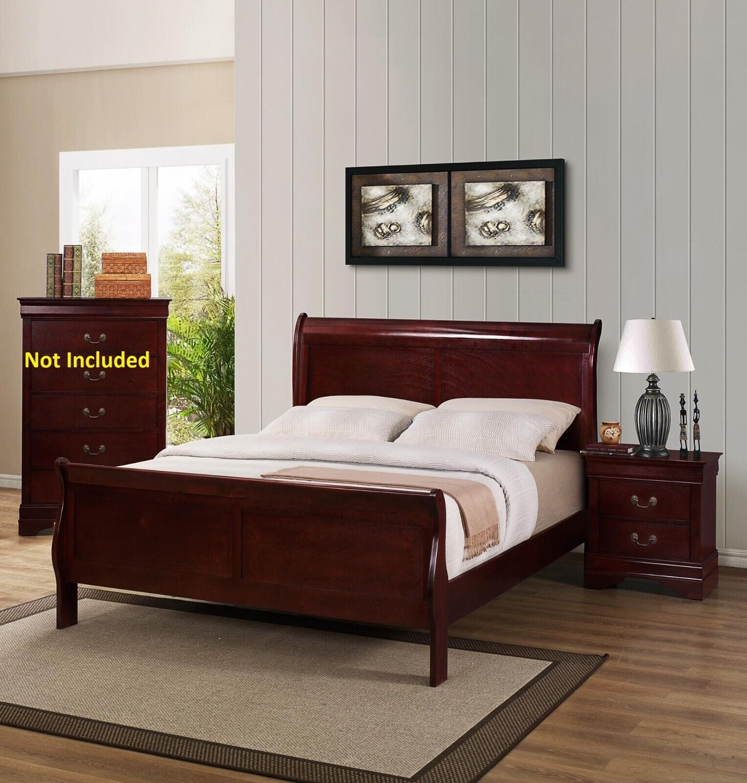 Traditional Style Classic 3pc Louis Philip Bedroom Set Full Size Panel Bed and 2x Nightstands Cherry Brown Finish Wooden Furniture -Brand New