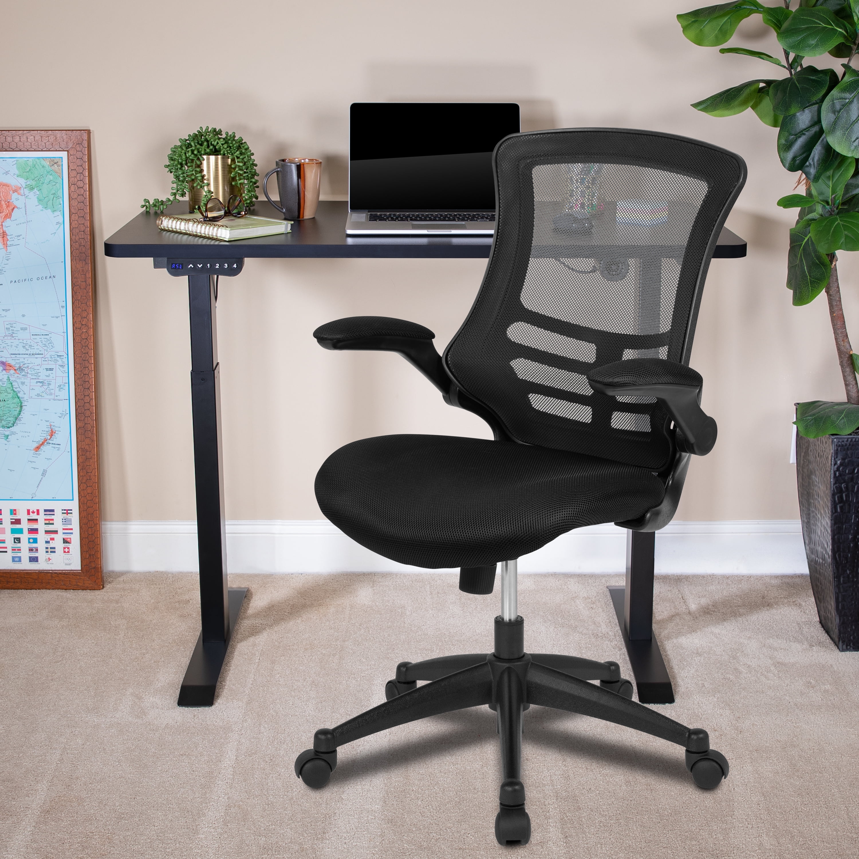 Flash Furniture 48"W x 24"D Black Electric Height Adjustable Standing Desk with Black Mesh Swivel Ergonomic Task Office Chair -Brand New