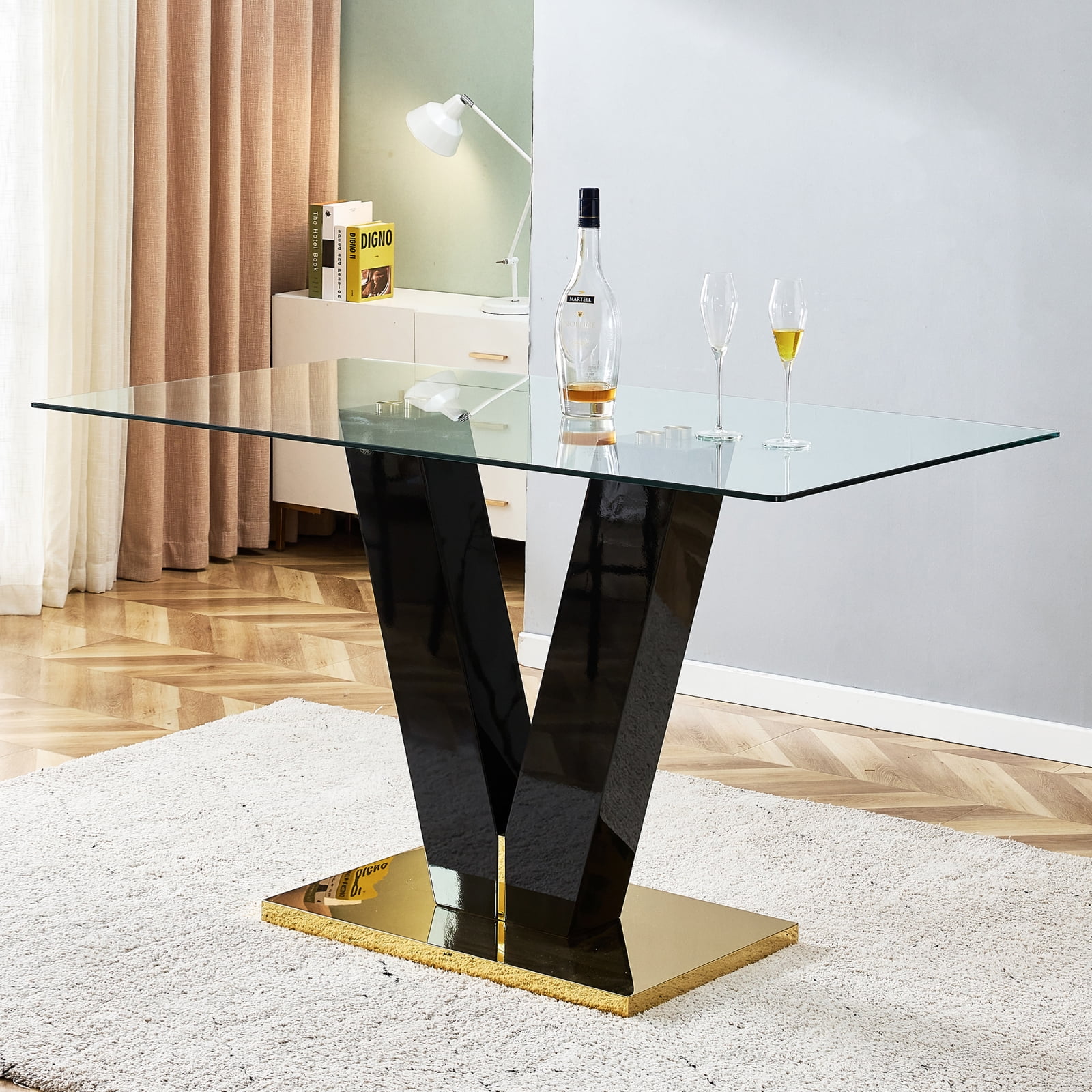 Large Contemporary Glass Dining Table for 6-8 People, 0.39-inch Tempered Glass Tabletop, MDF Slab V-Shaped Bracket, Perfect for Kitchen, Dining, Living, Meeting Room, and Banquet Hall -Brand New