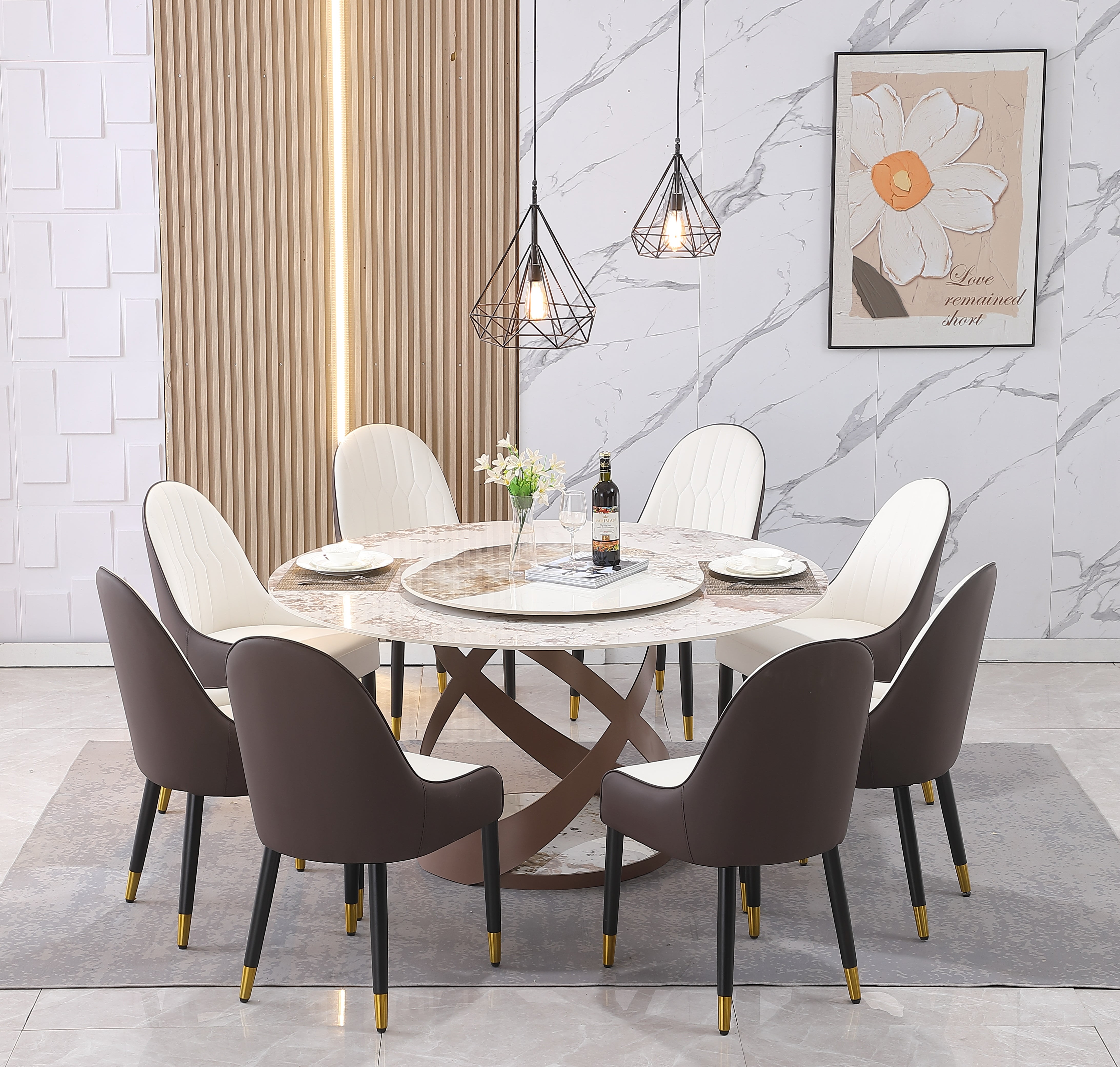 Montary 59.05"Modern Sintered Stone Dining Table with 31.5" Round Turntable and Metal Exquisite Pedestal With 8 pcs Chairs -Brand New