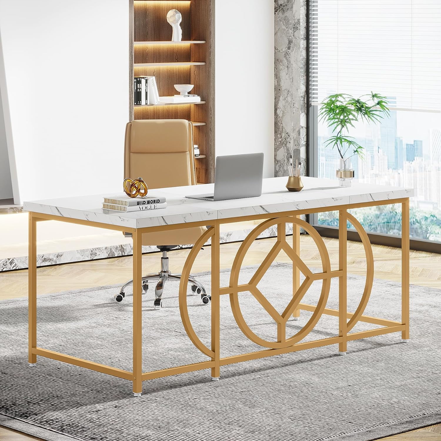Tribesigns 63" Executive Desk, Modern Home Office Desk Computer Desk, White and Gold -Brand New